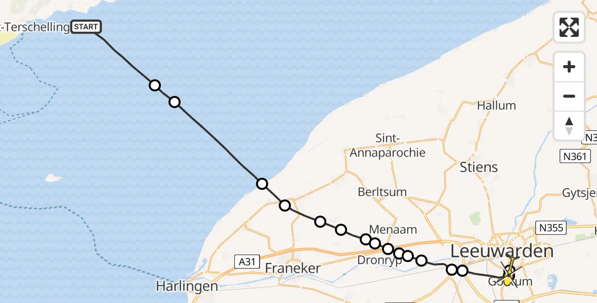 Routekaart van de vlucht: Ambulanceheli naar Leeuwarden, Riepel