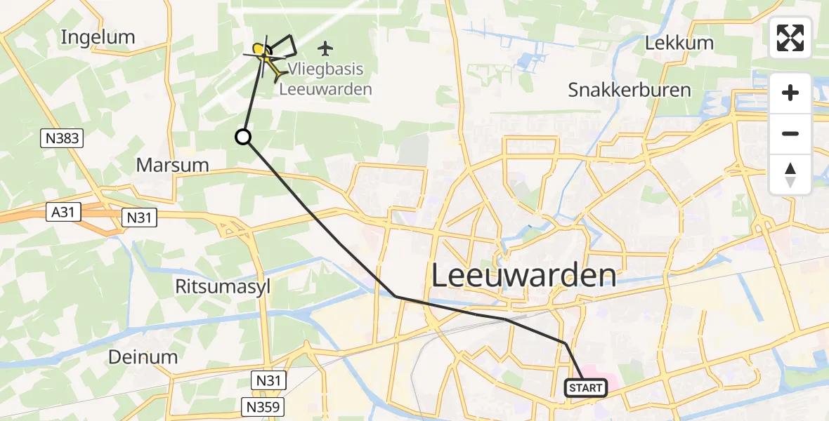 Routekaart van de vlucht: Ambulancehelikopter naar Vliegbasis Leeuwarden, Wijnhornsterstraat