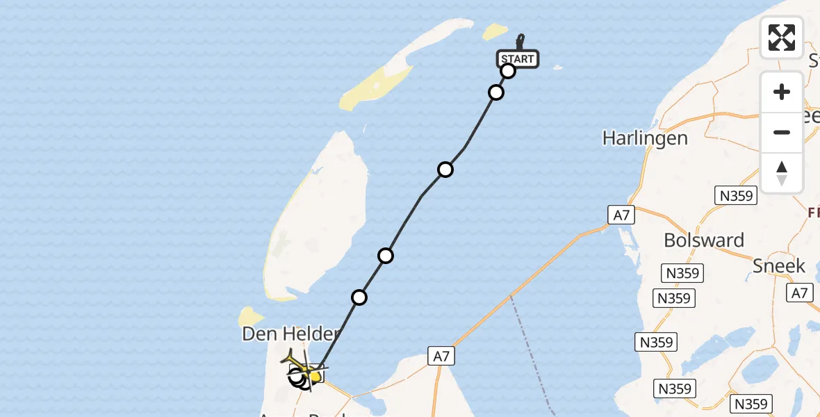 Routekaart van de vlucht: Kustwachthelikopter naar Vliegveld De Kooy, Vliestroom