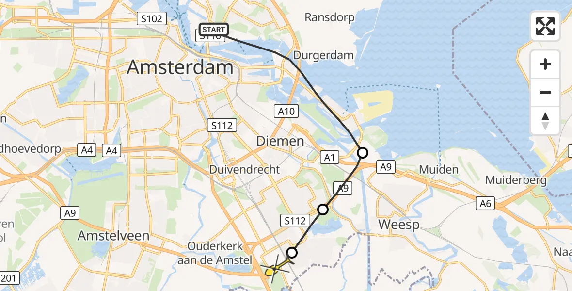 Routekaart van de vlucht: Lifeliner 1 naar Academisch Medisch Centrum (AMC), Schaafstraat