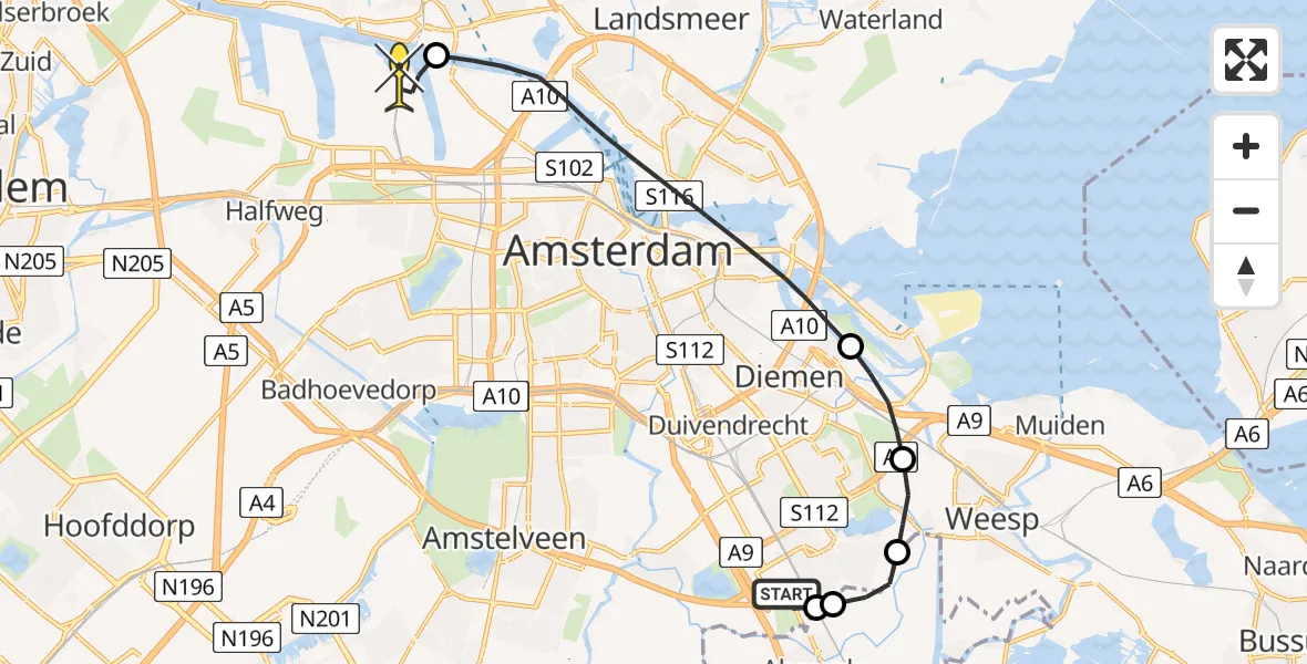 Routekaart van de vlucht: Lifeliner 1 naar Amsterdam Heliport, Ruwelspad