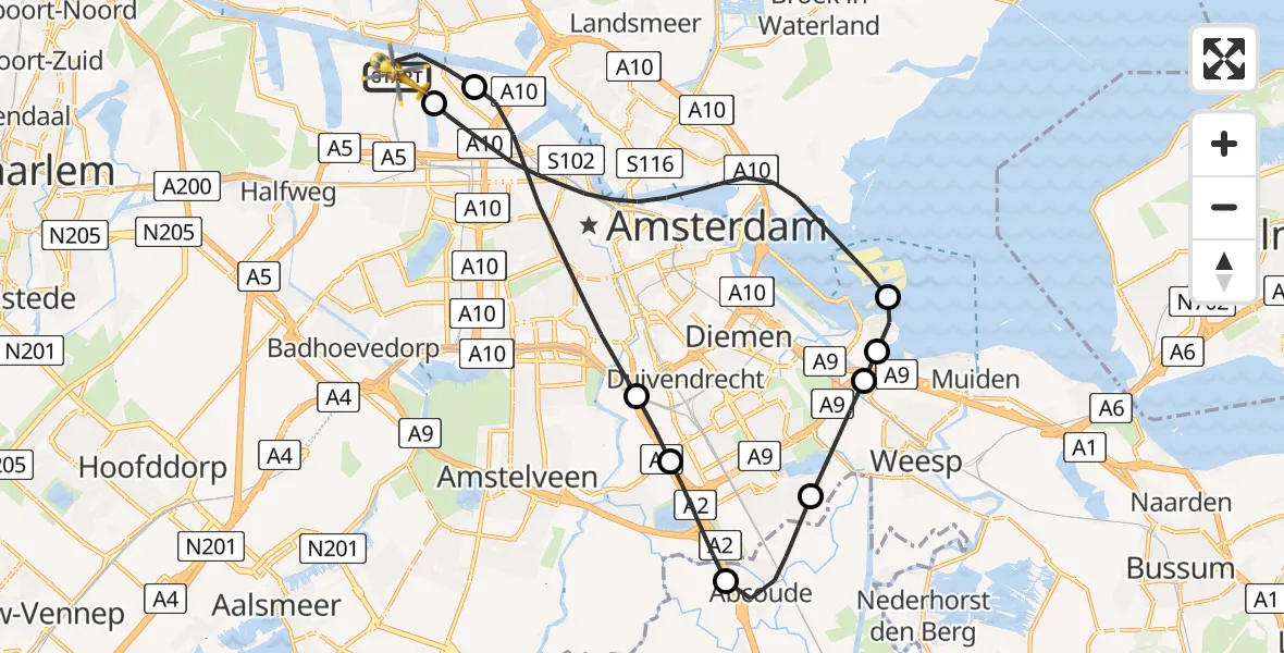Vluchtroute Traumahelikopter van Amsterdam Heliport naar Amsterdam Heliport