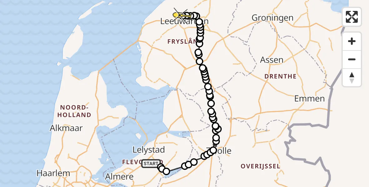 Routekaart van de vlucht: Ambulanceheli naar Vliegbasis Leeuwarden, Eendentocht
