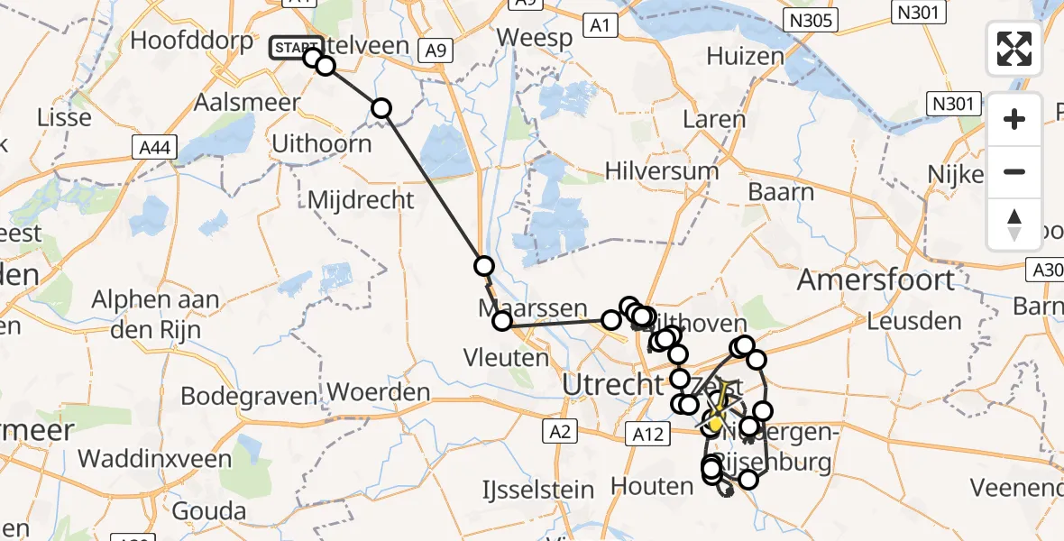 Routekaart van de vlucht: Politieheli naar Zeist, Rietwijkeroordweg