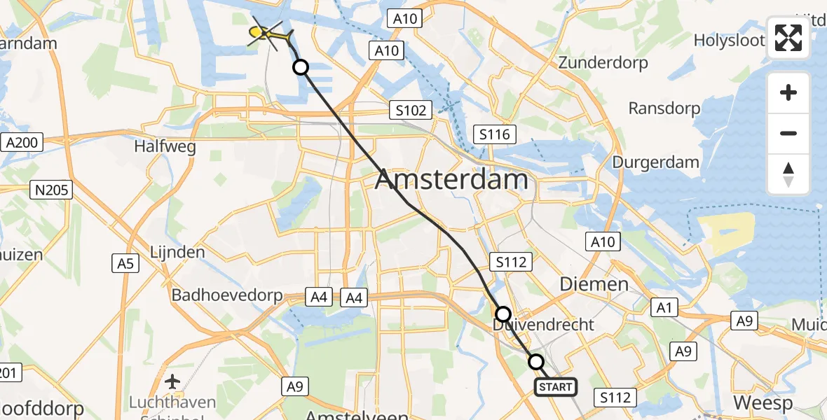 Routekaart van de vlucht: Lifeliner 1 naar Amsterdam Heliport, Holterbergweg