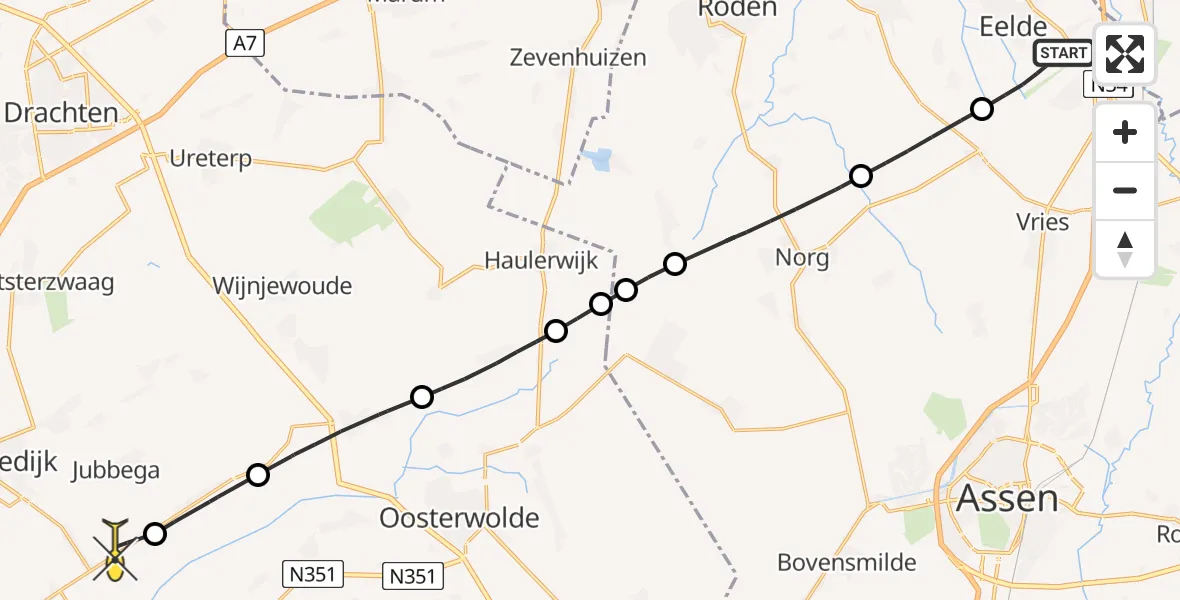 Routekaart van de vlucht: Lifeliner 4 naar Jubbega, Veldkampweg