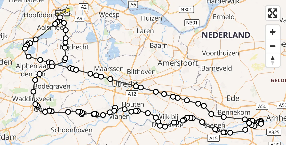 Routekaart van de vlucht: Politieheli naar Schiphol, Amsterdam-Bataviaweg