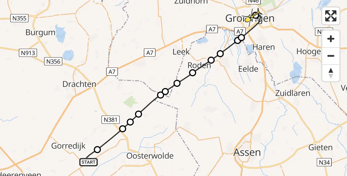 Routekaart van de vlucht: Lifeliner 4 naar Universitair Medisch Centrum Groningen, Leidijk