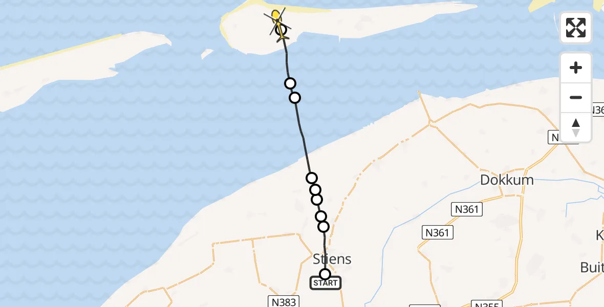 Routekaart van de vlucht: Ambulancehelikopter naar Ameland Airport Ballum, Moundyk