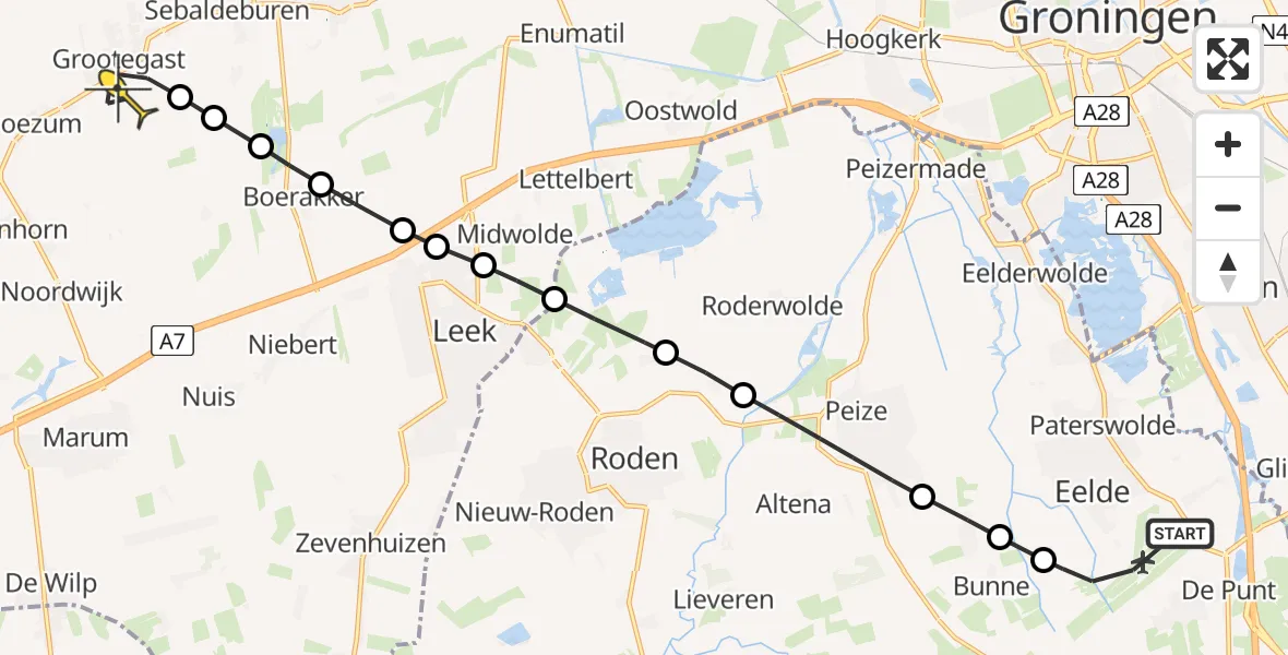 Routekaart van de vlucht: Lifeliner 4 naar Grootegast, Veldkampweg