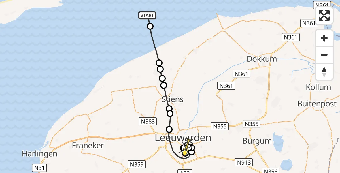 Routekaart van de vlucht: Ambulanceheli naar Leeuwarden, Legedyk