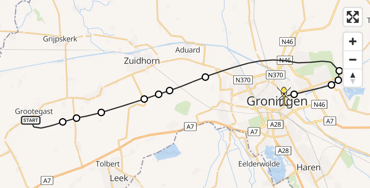 Routekaart van de vlucht: Lifeliner 4 naar Universitair Medisch Centrum Groningen, Waterdijk