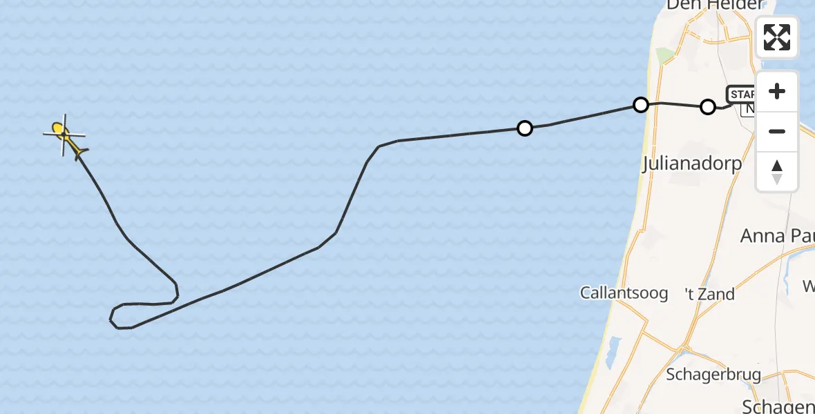 Routekaart van de vlucht: Kustwachthelikopter naar Kortevliet