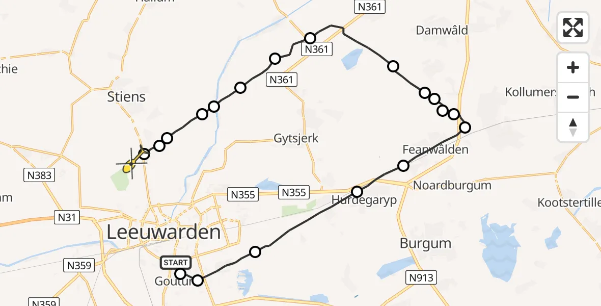 Routekaart van de vlucht: Ambulanceheli naar Vliegbasis Leeuwarden, De Oanrin