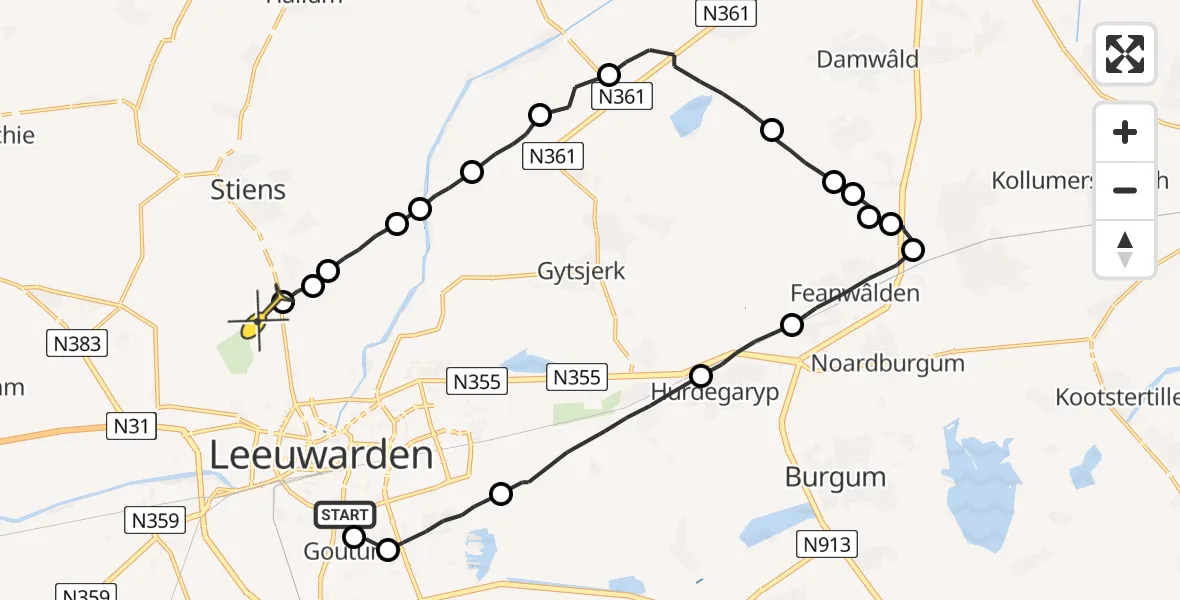 Vluchtroute Ambulancehelikopter van Leeuwarden naar Vliegbasis Leeuwarden