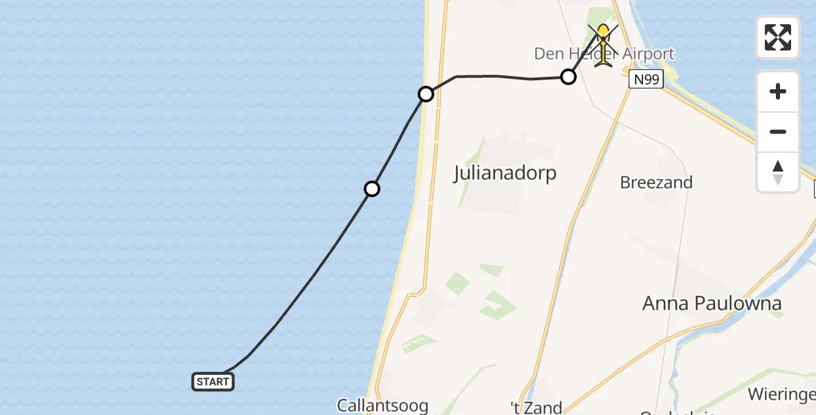 Routekaart van de vlucht: Kustwachthelikopter naar Vliegveld De Kooy, Luchthavenweg