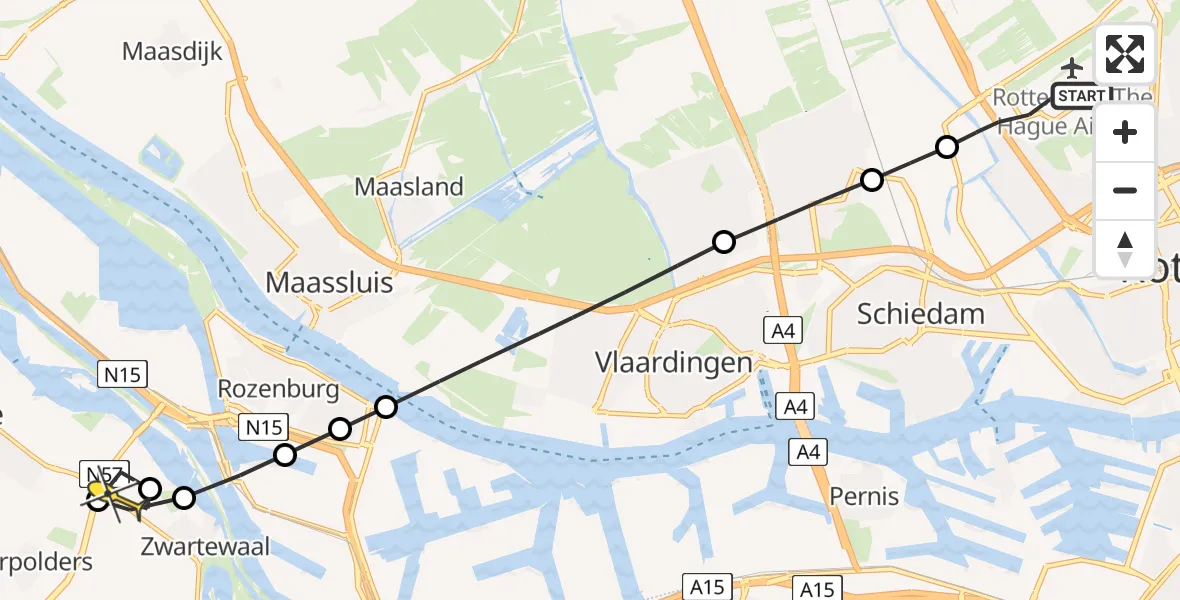 Routekaart van de vlucht: Lifeliner 2 naar Zwartewaal, Rotterdam Airportbaan