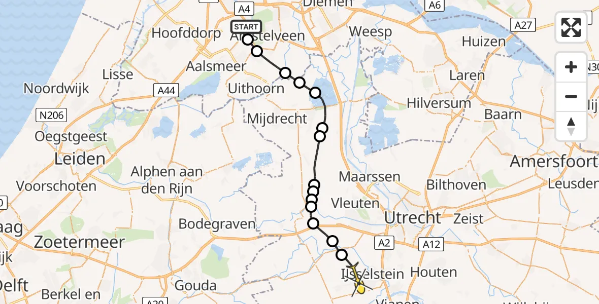 Routekaart van de vlucht: Politieheli naar Benschop, Amsterdam-Bataviaweg