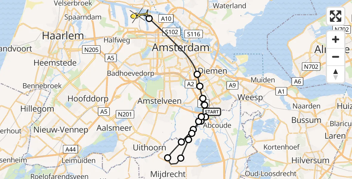 Routekaart van de vlucht: Lifeliner 1 naar Amsterdam Heliport, Hoogendijk