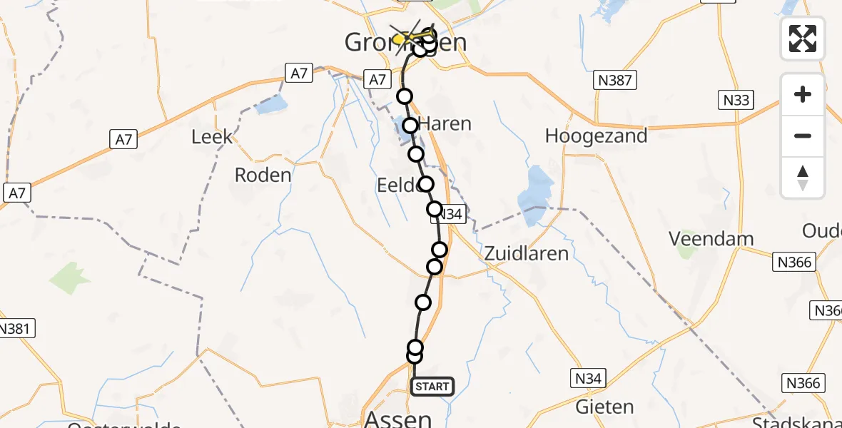 Routekaart van de vlucht: Lifeliner 4 naar Universitair Medisch Centrum Groningen, Hildeheugte