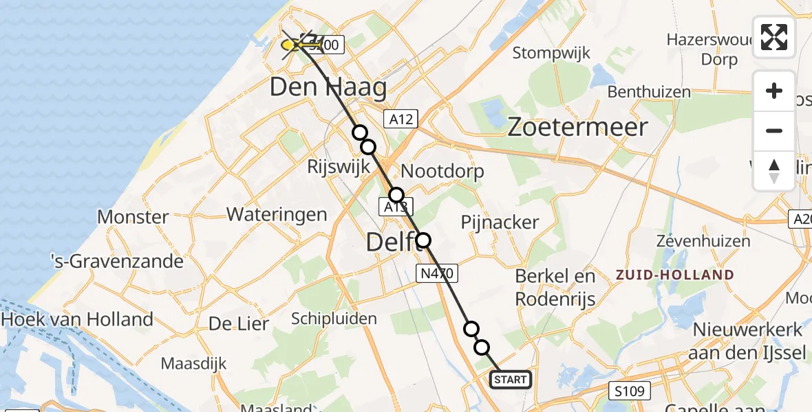 Routekaart van de vlucht: Lifeliner 2 naar Den Haag, Ten Vijverpad