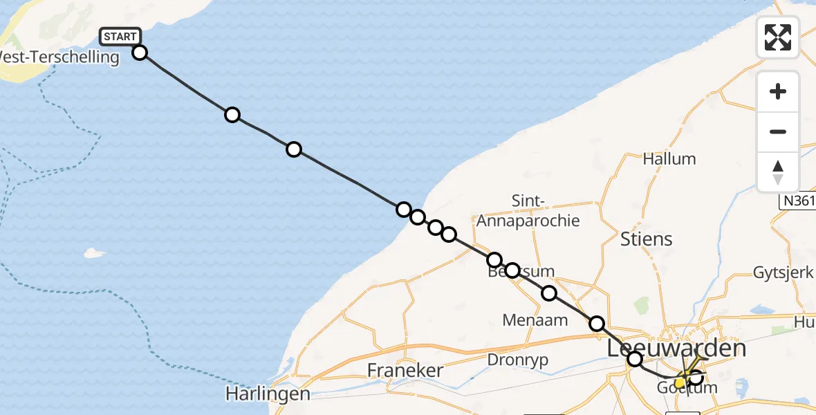 Routekaart van de vlucht: Ambulancehelikopter naar Leeuwarden, Aldlânsdyk