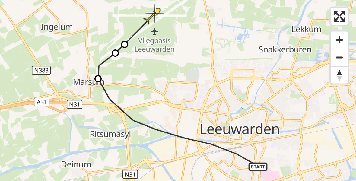 Vluchtroute Ambulancehelikopter van Leeuwarden naar Vliegbasis Leeuwarden