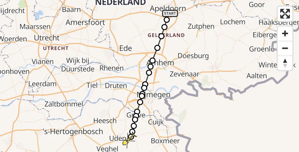 Routekaart van de vlucht: Lifeliner 3 naar Vliegbasis Volkel, Joh. Wagenaarlaan