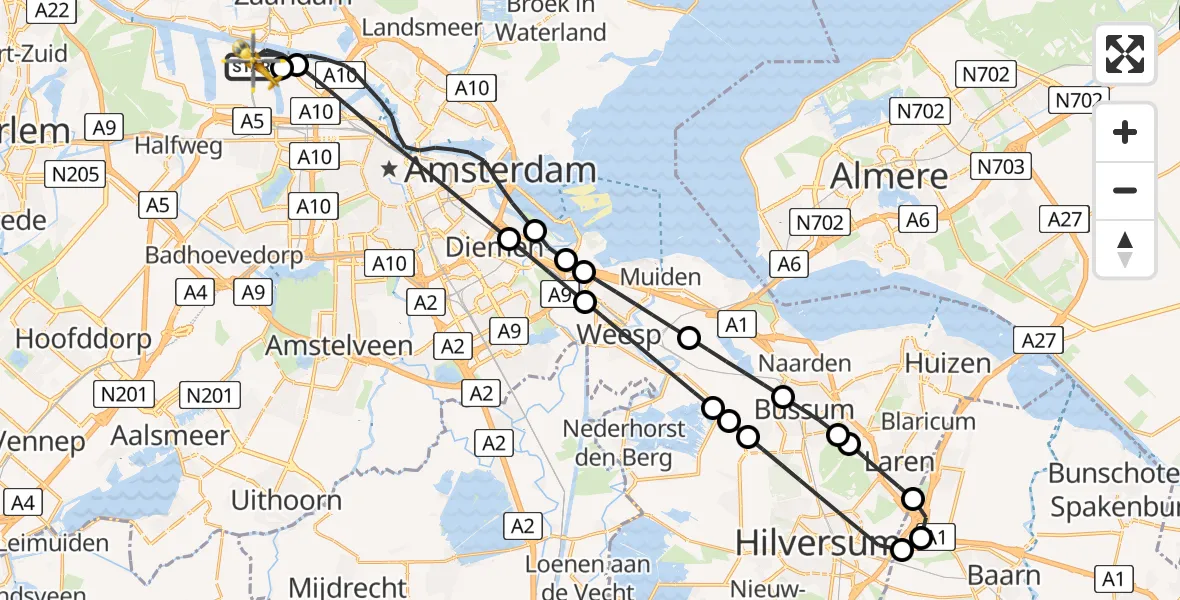 Vluchtroute Traumahelikopter van Amsterdam Heliport naar Amsterdam Heliport