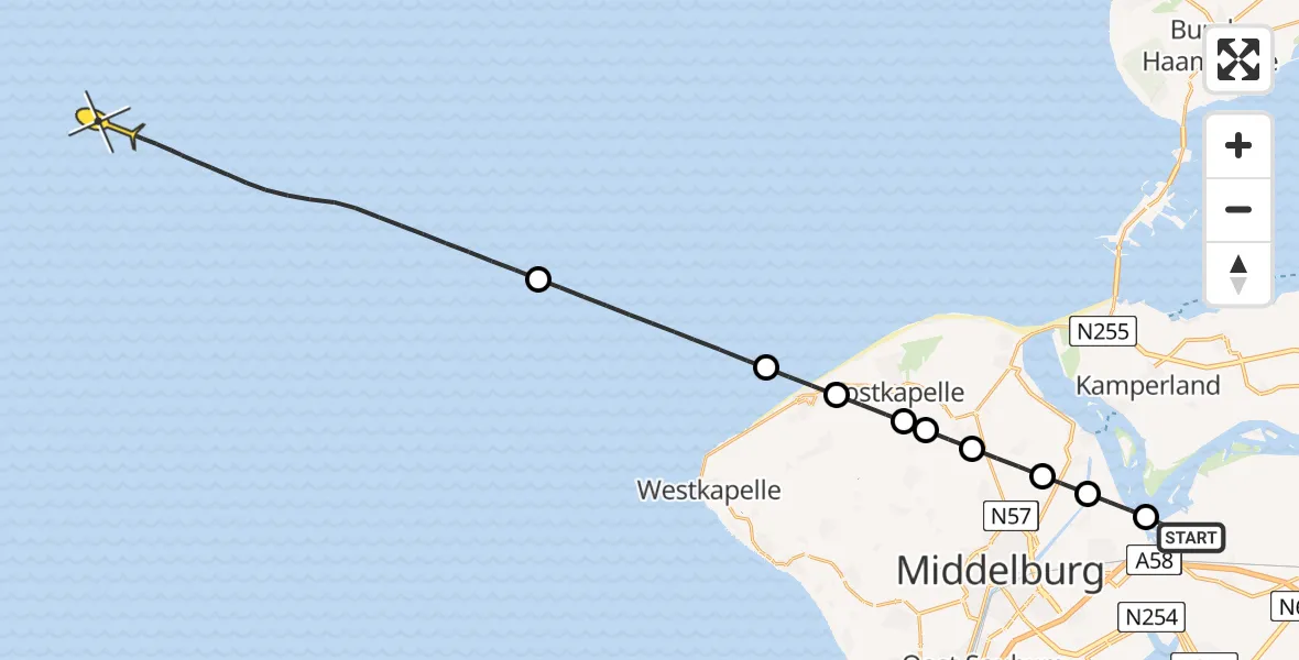 Routekaart van de vlucht: Kustwachthelikopter naar Zeekraal