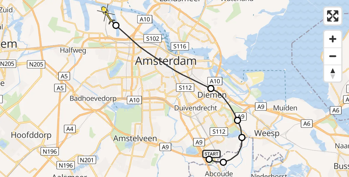 Routekaart van de vlucht: Lifeliner 1 naar Amsterdam Heliport, Abcouderstraatweg