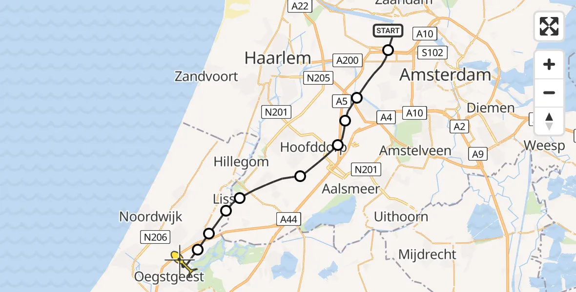 Routekaart van de vlucht: Lifeliner 1 naar Warmond, Elbaweg