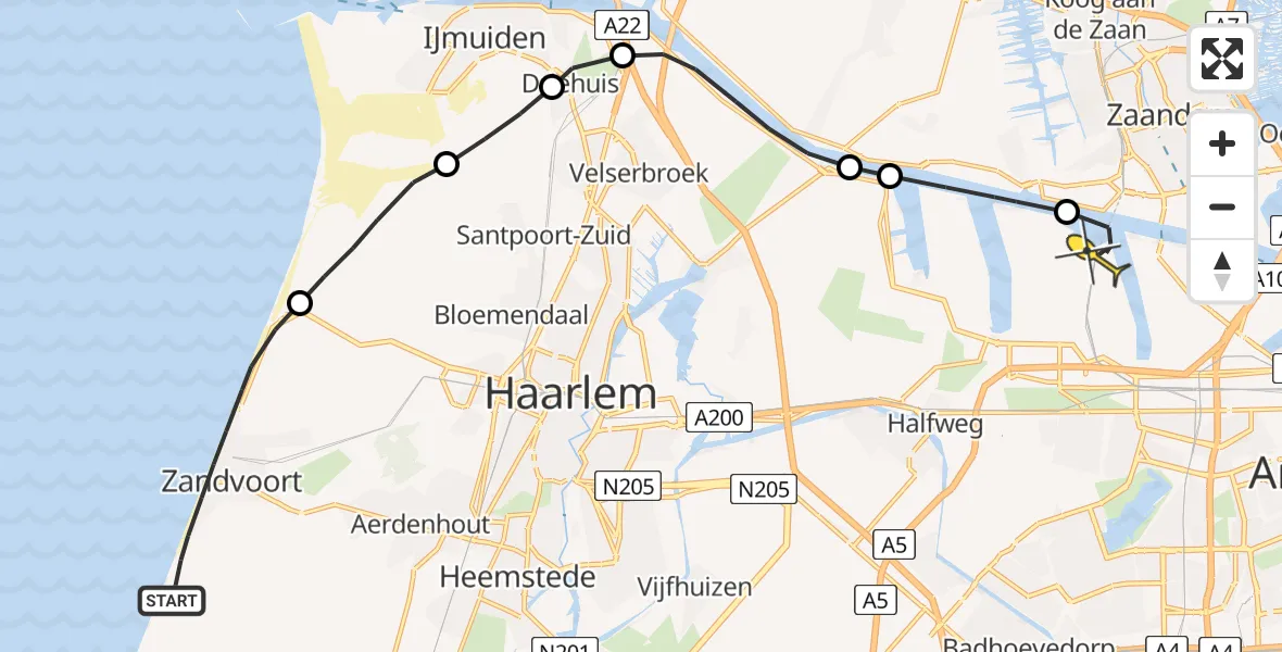 Routekaart van de vlucht: Lifeliner 1 naar Amsterdam Heliport, Strandafgang Paulus Loot