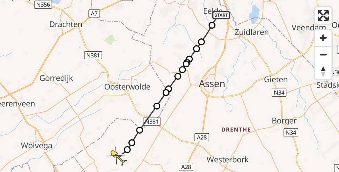 Routekaart van de vlucht: Lifeliner 4 naar Wapse, Veldkampweg