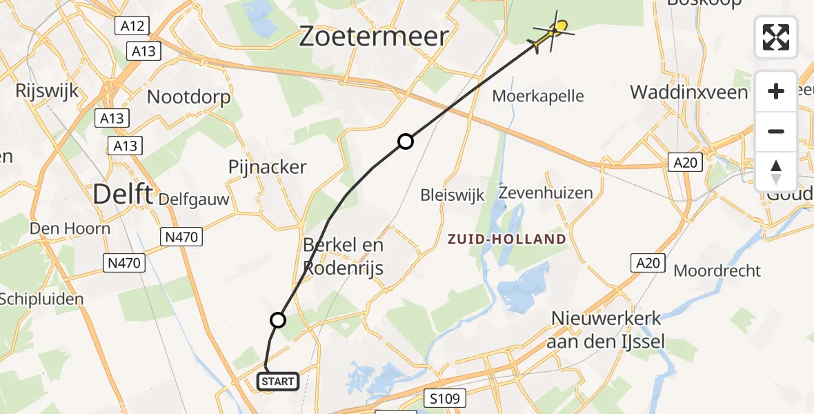 Routekaart van de vlucht: Politieheli naar Benthuizen, Oude Bovendijk