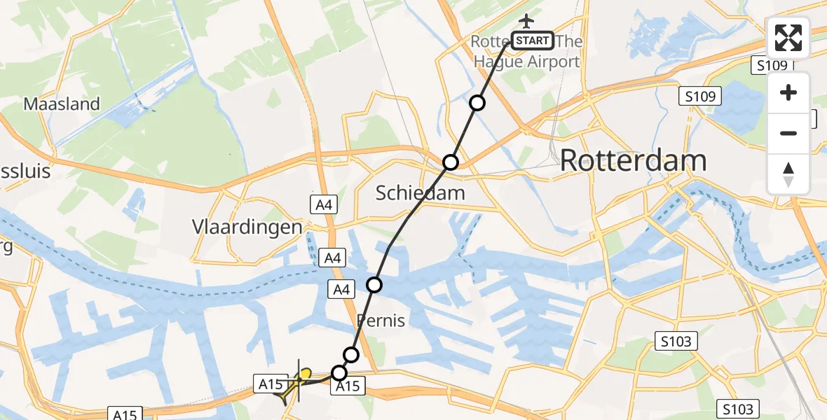 Routekaart van de vlucht: Lifeliner 2 naar Hoogvliet, Rhijnsburgstraat