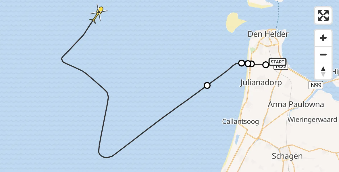 Routekaart van de vlucht: Kustwachthelikopter naar Middenvliet