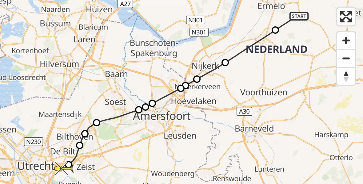 Routekaart van de vlucht: Lifeliner 3 naar Universitair Medisch Centrum Utrecht, Drieërweg