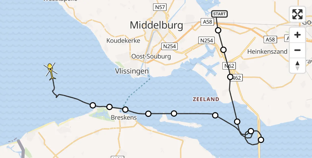 Routekaart van de vlucht: Kustwachthelikopter naar Vlissingen, Postweg