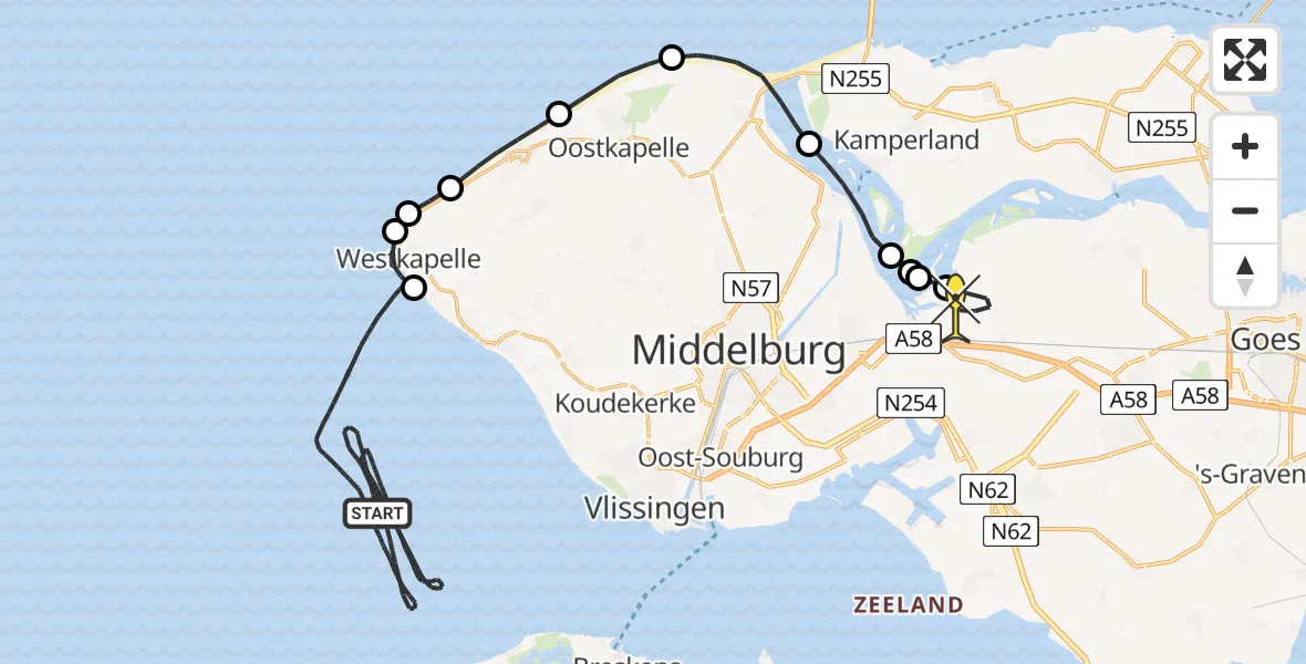 Routekaart van de vlucht: Kustwachthelikopter naar Vliegveld Midden-Zeeland, Calandweg