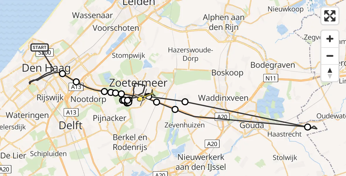 Routekaart van de vlucht: Politieheli naar Zoetermeer, Laan van Reagan en Gorbatsjov