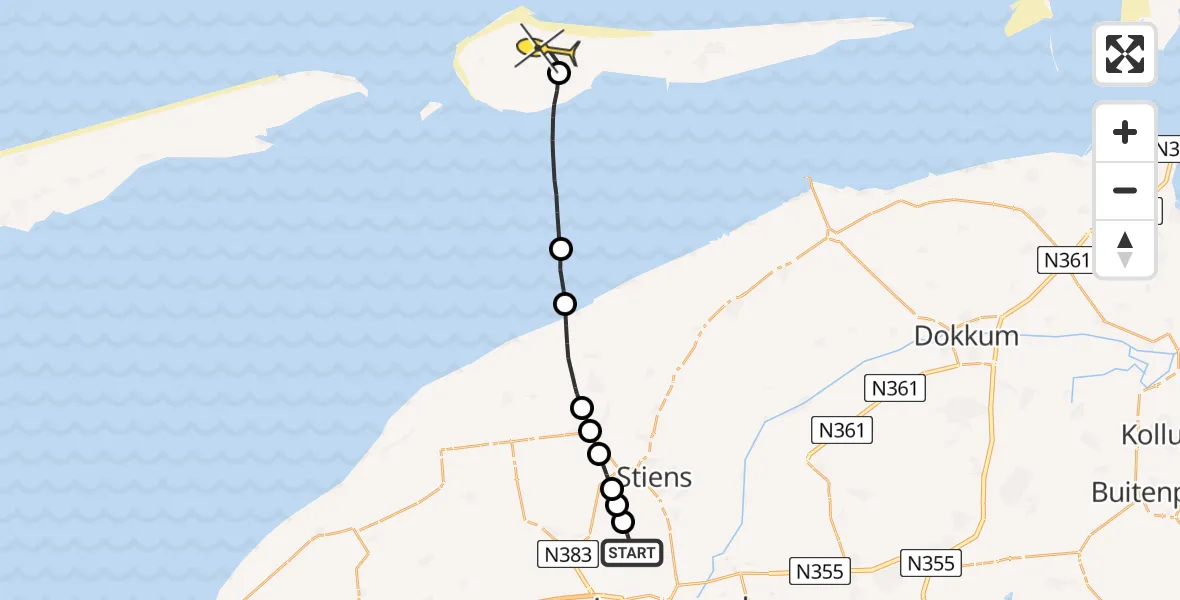 Routekaart van de vlucht: Ambulancehelikopter naar Ameland Airport Ballum, Efterste Dyk