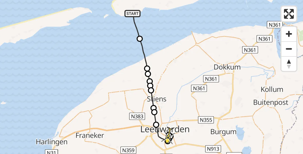 Routekaart van de vlucht: Ambulanceheli naar Leeuwarden, Hoek van Hessing