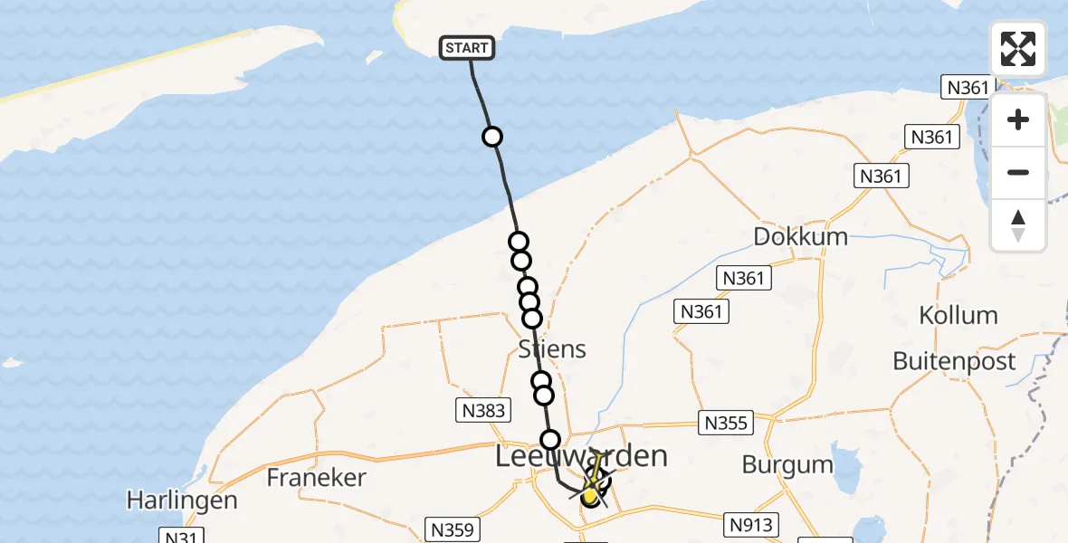 Routekaart van de vlucht: Ambulancehelikopter naar Leeuwarden, Hoek van Hessing