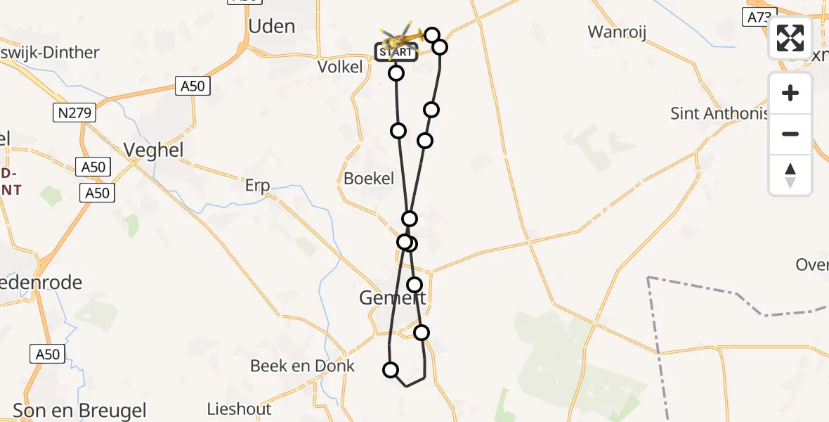 Vluchtroute Traumahelikopter van Vliegbasis Volkel naar Vliegbasis Volkel