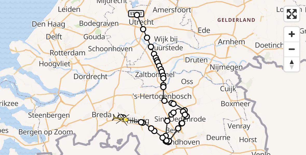 Routekaart van de vlucht: Politieheli naar Vliegbasis Gilze-Rijen, Hudsondreef