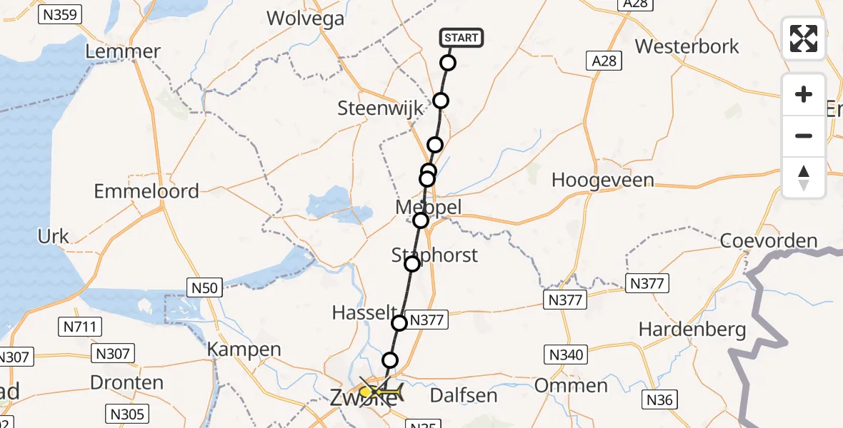 Routekaart van de vlucht: Lifeliner 4 naar Zwolle, Baeteweg