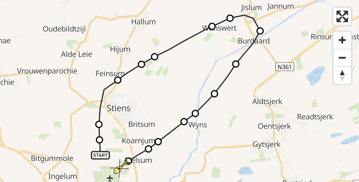 Routekaart van de vlucht: Ambulanceheli naar Vliegbasis Leeuwarden, Brédyk
