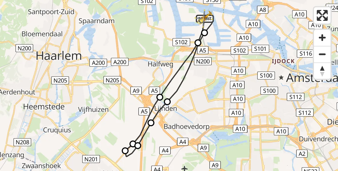 Vluchtroute Traumahelikopter van Amsterdam Heliport naar Amsterdam Heliport