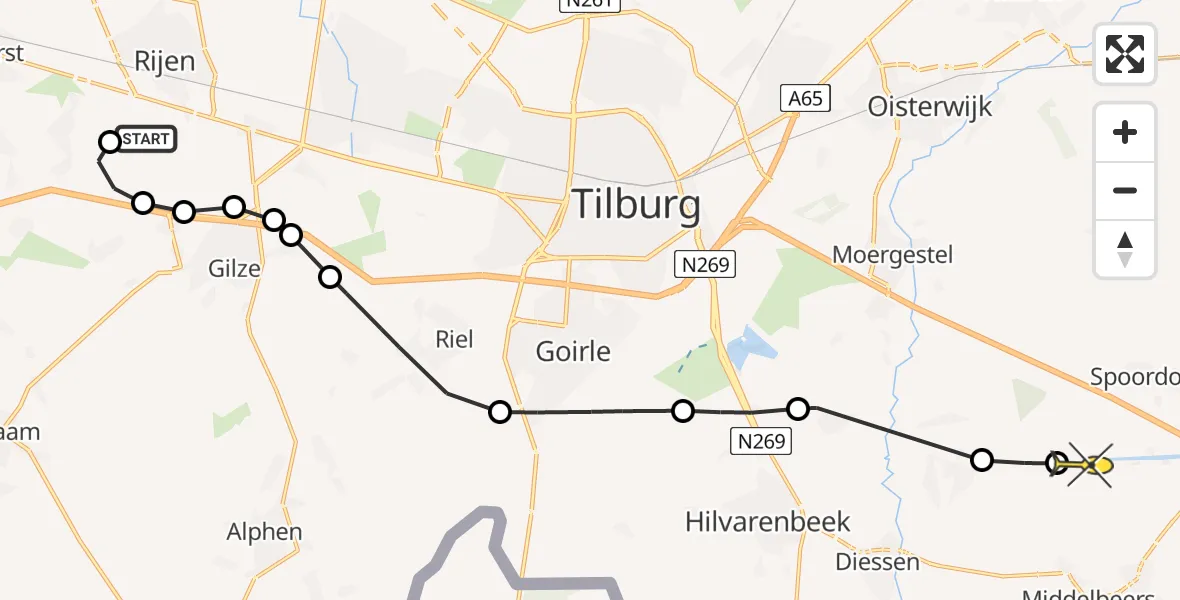 Routekaart van de vlucht: Politieheli naar Oost West en Middelbeers, Broekstraat